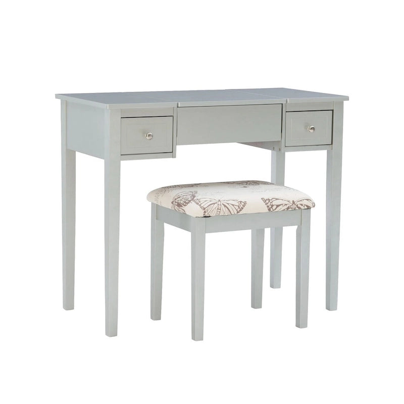 36 Silver Solid Vanity Set with Mirror and Upholstered Stool