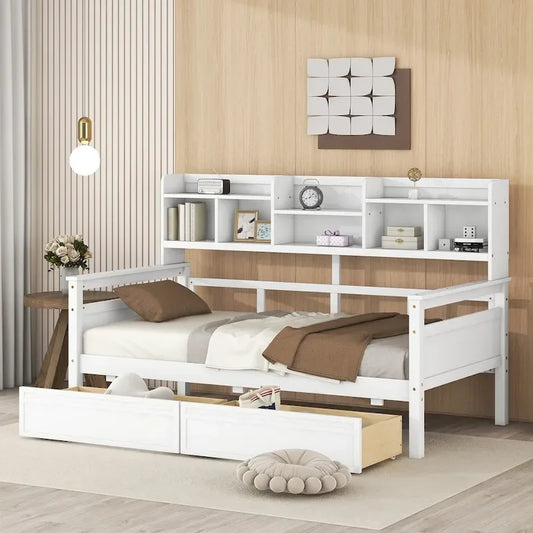 Twin size Daybed, Wood Slat Support, with Bedside Shelves and Two Drawers
