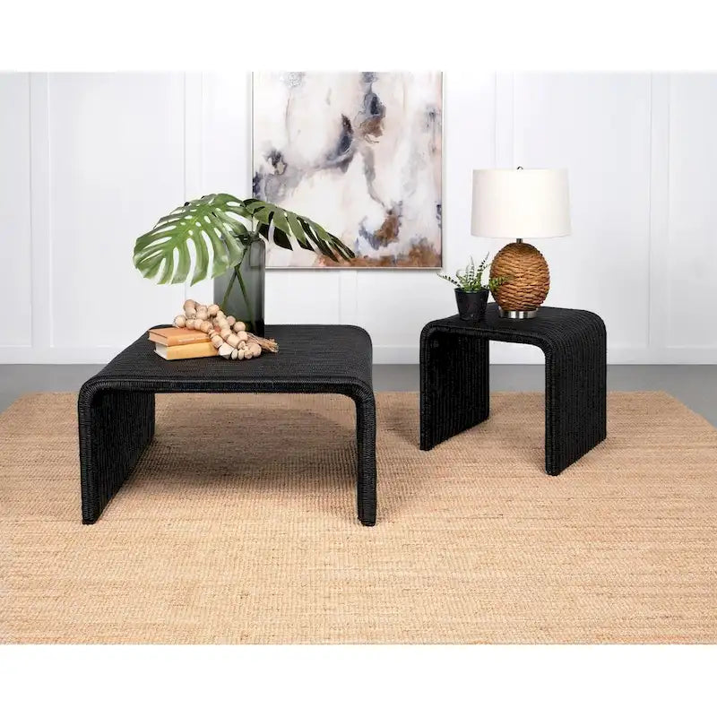 Black Woven Rattan Square End Table