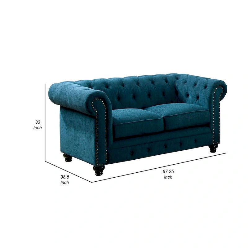 Loveseat with Button Tufted Backrest and Rolled Design Arms, Blue