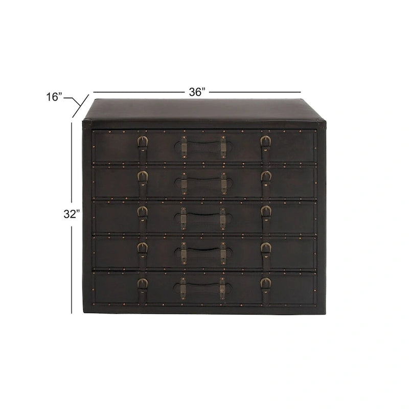 Wooden Vintage Faux Leather Room Chest with Buckles and Straps Detailing - Black