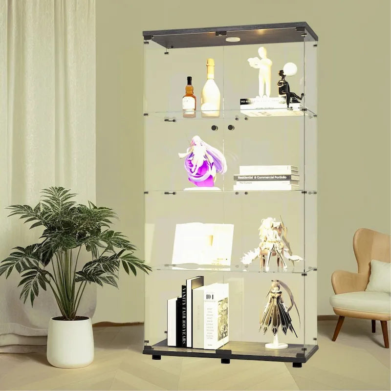 Lighted Two Door Glass Cabinet Glass Display Cabinet with 4 Shelves, Black