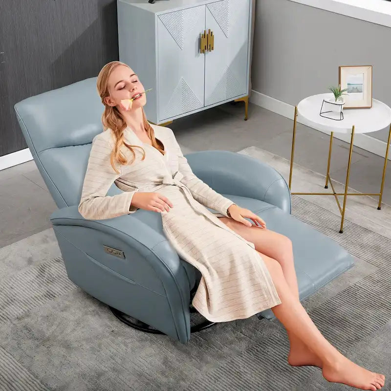 Blue Genuine Leather Swivel Glider Power Recliner with USB, Type-C, Pockets