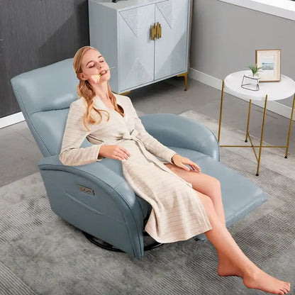 Blue Genuine Leather Swivel Glider Power Recliner with USB, Type-C, Pockets