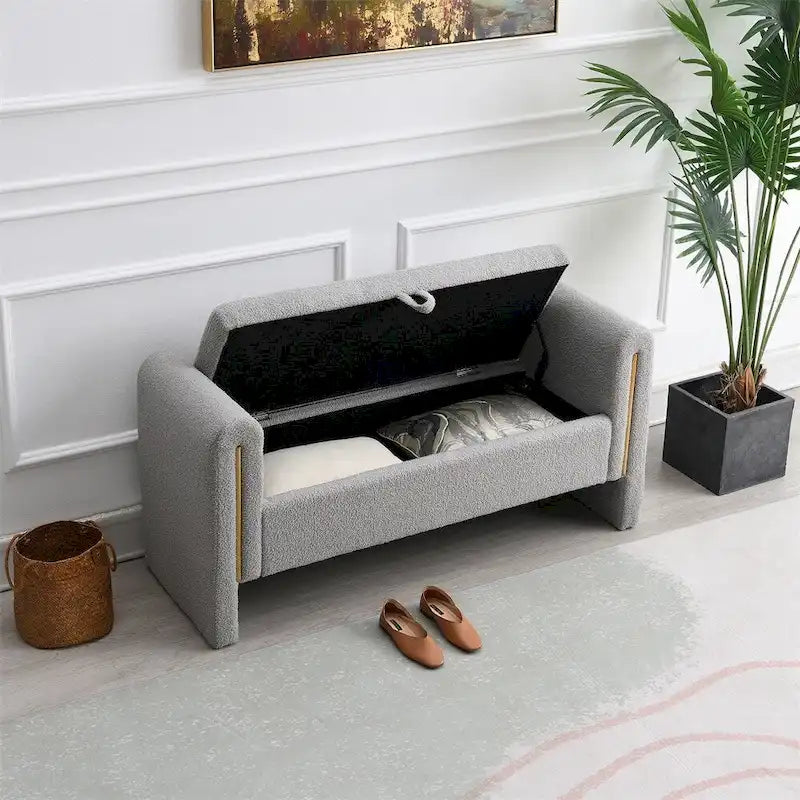 Modern Bed End Bench with Arms and Storage,Upholstered Foot Rest Stool
