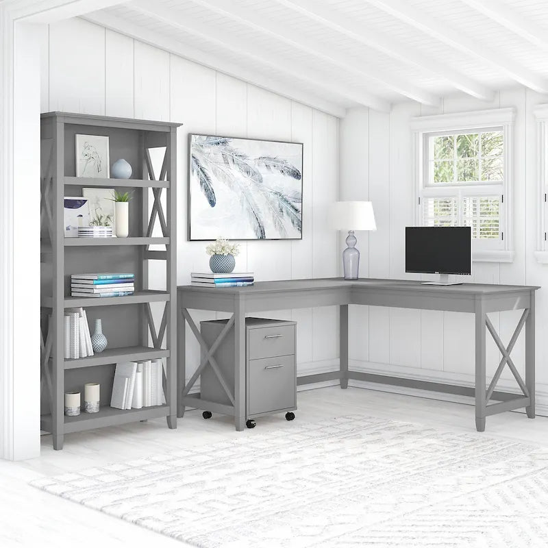 60W L Desk with File Cabinet and Bookcase
