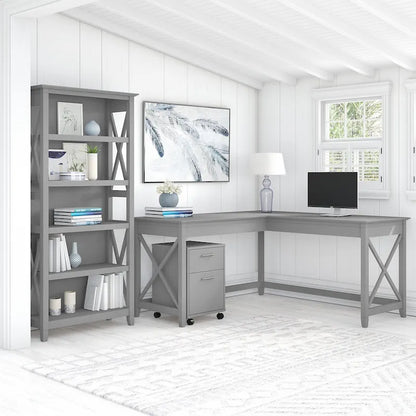 60W L Desk with File Cabinet and Bookcase