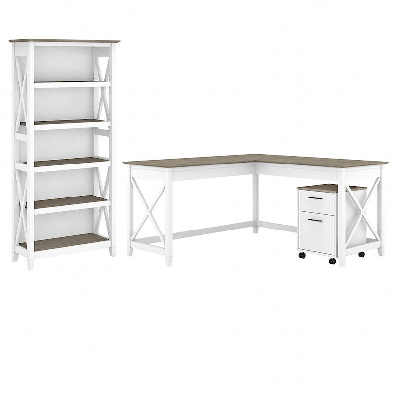 60W L Desk with File Cabinet and Bookcase