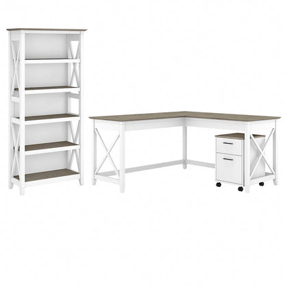 60W L Desk with File Cabinet and Bookcase