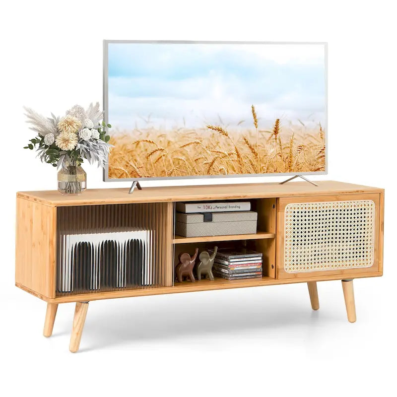 Modern TV Stand Entertainment Center Media Console with Rattan