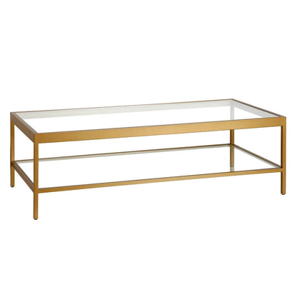 Contemporary 54-Inch Rectangular Coffee Table Glass Top with Steel Base Bottom Storage Shelf Perfect for Living Room