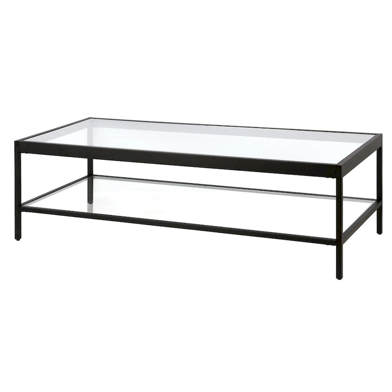 Contemporary 54-Inch Rectangular Coffee Table Glass Top with Steel Base Bottom Storage Shelf Perfect for Living Room