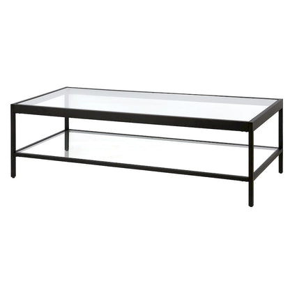 Contemporary 54-Inch Rectangular Coffee Table Glass Top with Steel Base Bottom Storage Shelf Perfect for Living Room