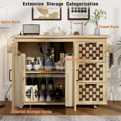 3D Woven Checkerboard Pattern Kitchen Island with Drop Leaf, Internal Storage Rack, Power Outlet, 3 Drawers and 2 Cabinets