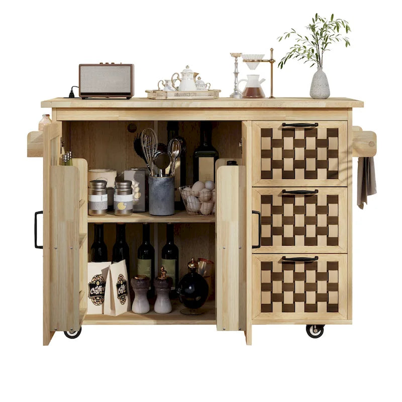 3D Woven Checkerboard Pattern Kitchen Island with Drop Leaf, Internal Storage Rack, Power Outlet, 3 Drawers and 2 Cabinets