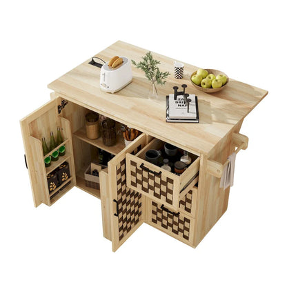 3D Woven Checkerboard Pattern Kitchen Island with Drop Leaf, Internal Storage Rack, Power Outlet, 3 Drawers and 2 Cabinets