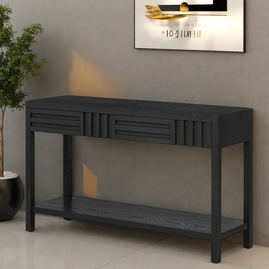 51.3 MDF Classic Stripe Console Table - Ash Veneer & Fir Wood Legs with 2 Drawers