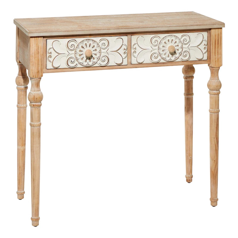 Wood Floral Intricately Carved 2 Drawers Console Table - Brown - Roche River Decor - 16W x 36L x 33H