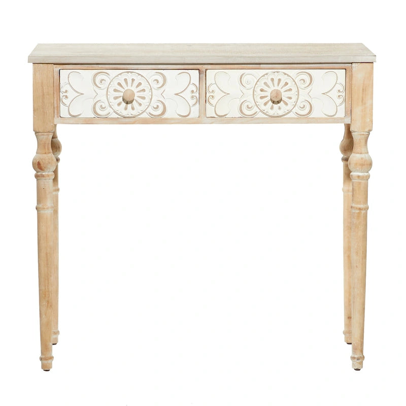 Wood Floral Intricately Carved 2 Drawers Console Table - Brown- 16W x 36L x 33H