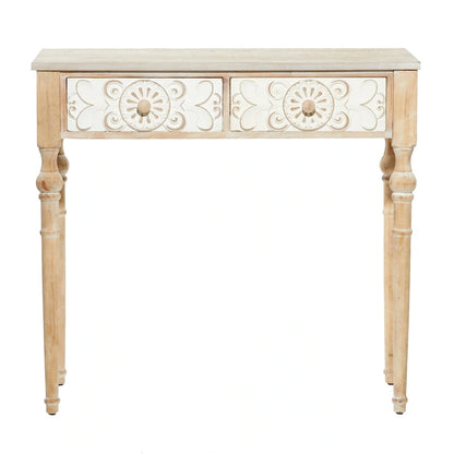 Wood Floral Intricately Carved 2 Drawers Console Table - Brown- 16W x 36L x 33H