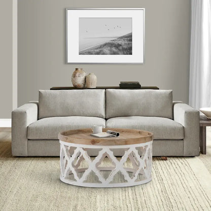 Ode 32 Inch Coffee Table, Round, Quatrefoil Lattice Design, Brown, White