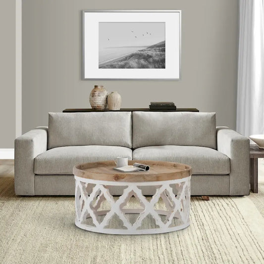 Ode 32 Inch Coffee Table, Round, Quatrefoil Lattice Design, Brown, White