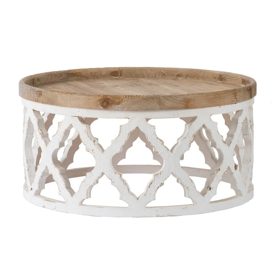 32 Inch Coffee Table, Round, Quatrefoil Lattice Design, Brown, White