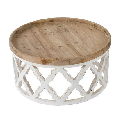 32 Inch Coffee Table, Round, Quatrefoil Lattice Design, Brown, White