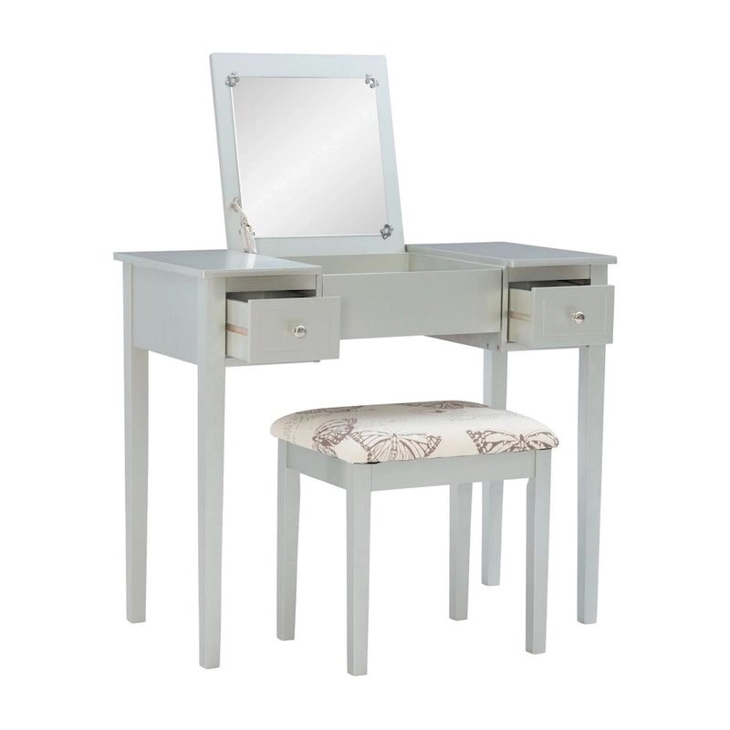 36 Silver Solid Vanity Set with Mirror and Upholstered Stool