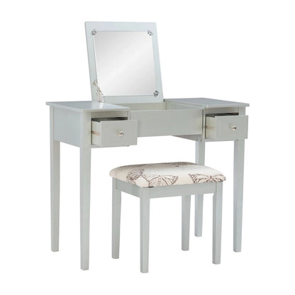 36 Silver Solid Vanity Set with Mirror and Upholstered Stool