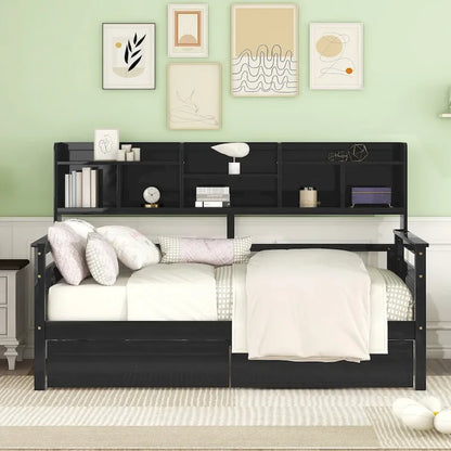 Twin size Daybed, Wood Slat Support, with Bedside Shelves and Two Drawers