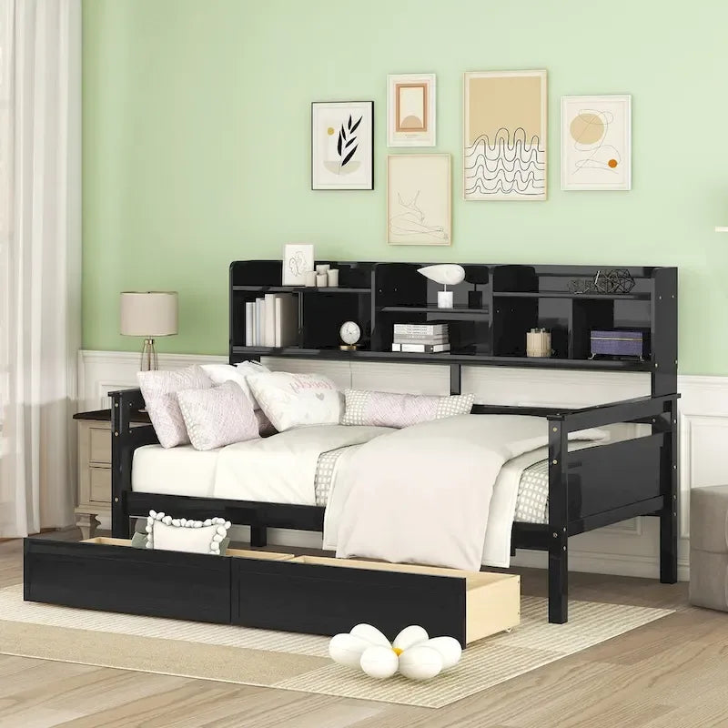 Twin size Daybed, Wood Slat Support, with Bedside Shelves and Two Drawers
