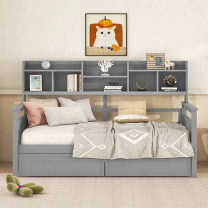 Twin size Daybed, Wood Slat Support, with Bedside Shelves and Two Drawers