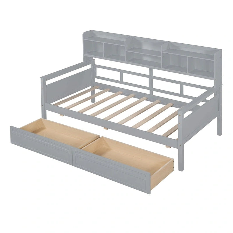Twin size Daybed, Wood Slat Support, with Bedside Shelves and Two Drawers