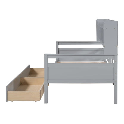 Twin size Daybed, Wood Slat Support, with Bedside Shelves and Two Drawers