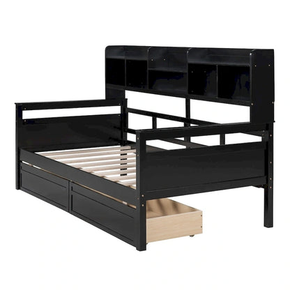 Twin size Daybed, Wood Slat Support, with Bedside Shelves and Two Drawers