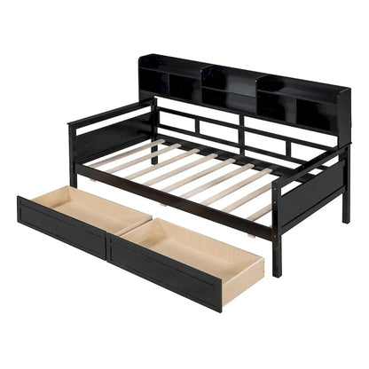 Twin size Daybed, Wood Slat Support, with Bedside Shelves and Two Drawers