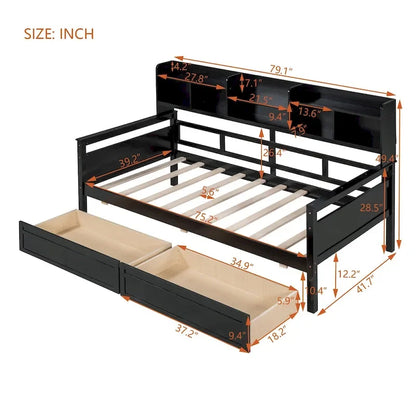 Twin size Daybed, Wood Slat Support, with Bedside Shelves and Two Drawers