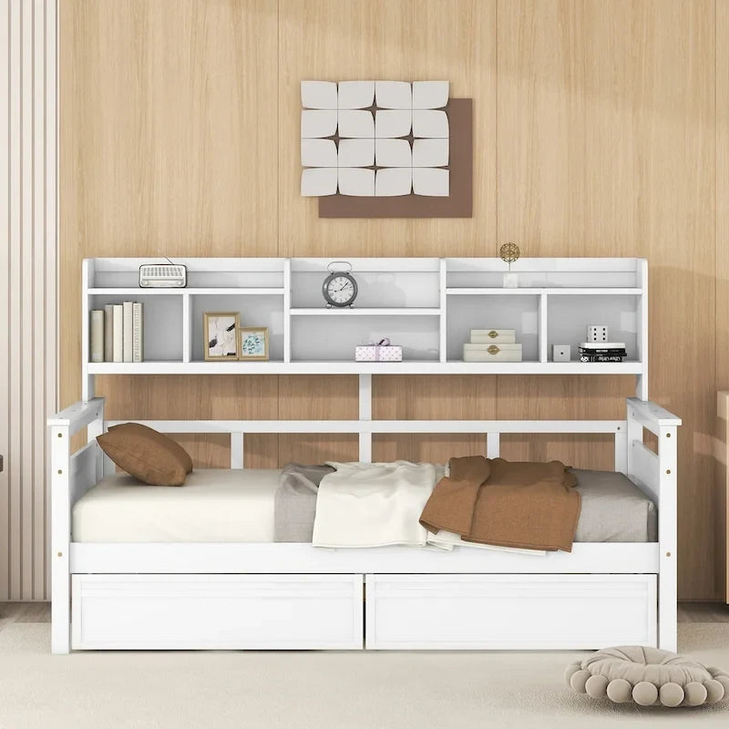Twin size Daybed, Wood Slat Support, with Bedside Shelves and Two Drawers