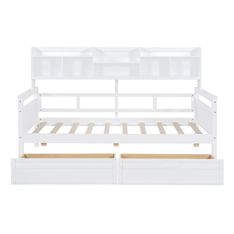 Twin size Daybed, Wood Slat Support, with Bedside Shelves and Two Drawers