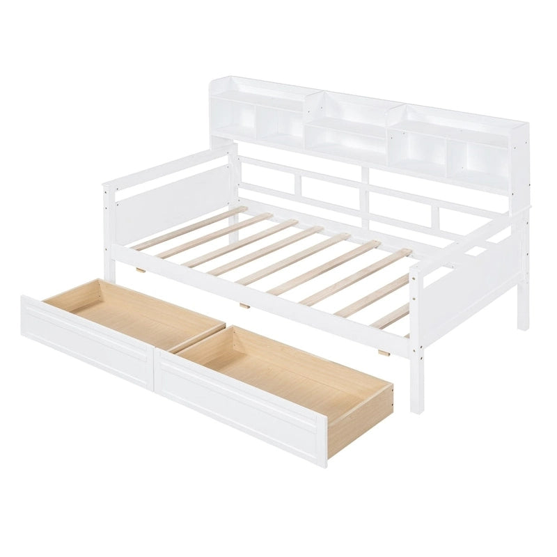 Twin size Daybed, Wood Slat Support, with Bedside Shelves and Two Drawers