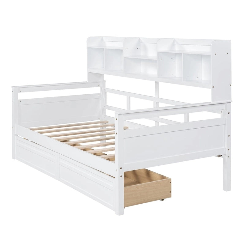 Twin size Daybed, Wood Slat Support, with Bedside Shelves and Two Drawers