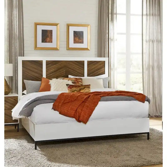 White and Walnut Finish 1pc Bed Chevron Pattern Headboard