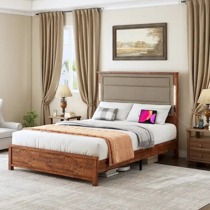 Queen Size Bed Frame with Upholstered Headboard,with Charging Station and LED Lights,Wood Slats,No Box Spring Needed