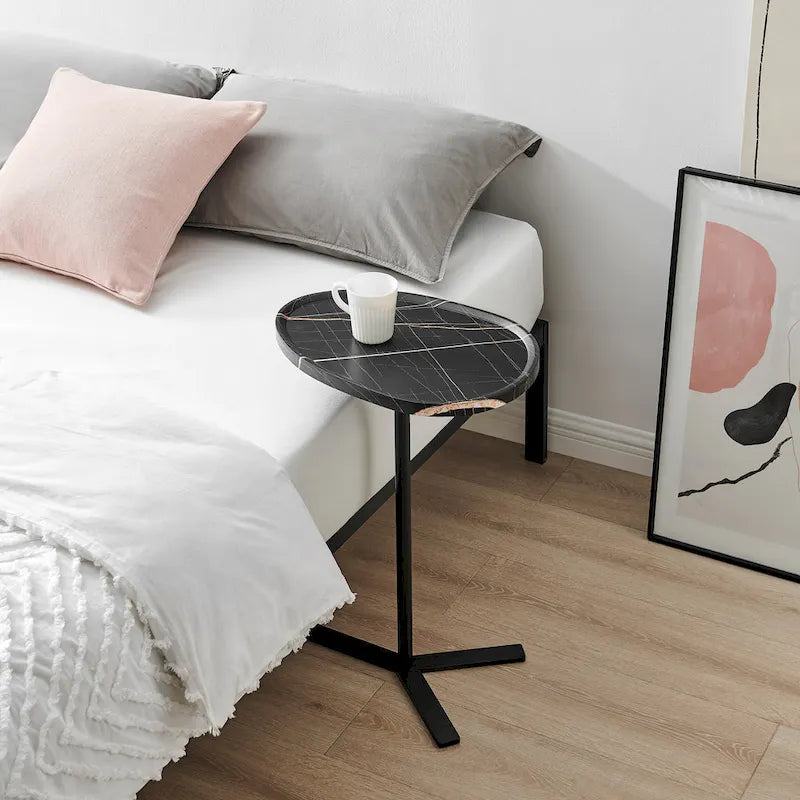 Oval Teardrop Modern Raised Lip Edge Couch-Side Accent C-Table with Crossed Y-Shape Metal Pedestal Leg