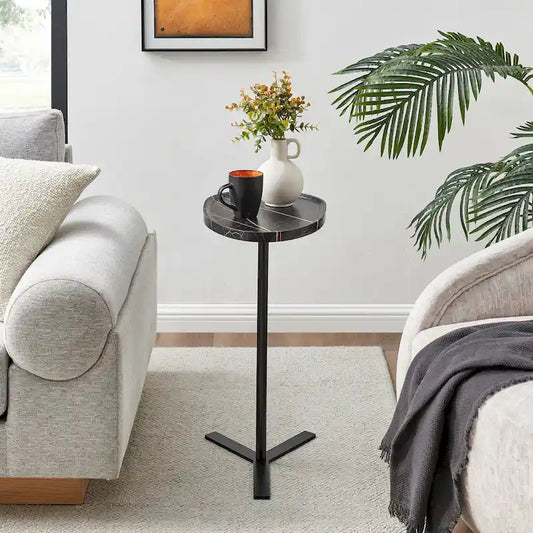 Oval Teardrop Modern Raised Lip Edge Couch-Side Accent C-Table with Crossed Y-Shape Metal Pedestal Leg