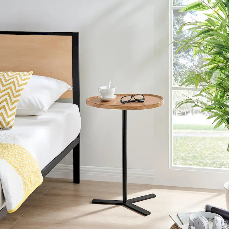 Oval Teardrop Modern Raised Lip Edge Couch-Side Accent C-Table with Crossed Y-Shape Metal Pedestal Leg