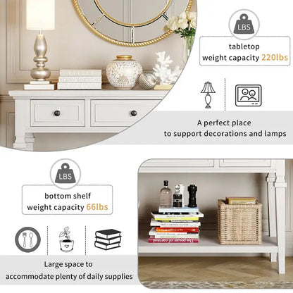 50 Farmhouse 50 Inch Classic Retro Console Three Top Drawers and Open Style Bottom Shelf, Sofa Table with Solid Wooden Frame