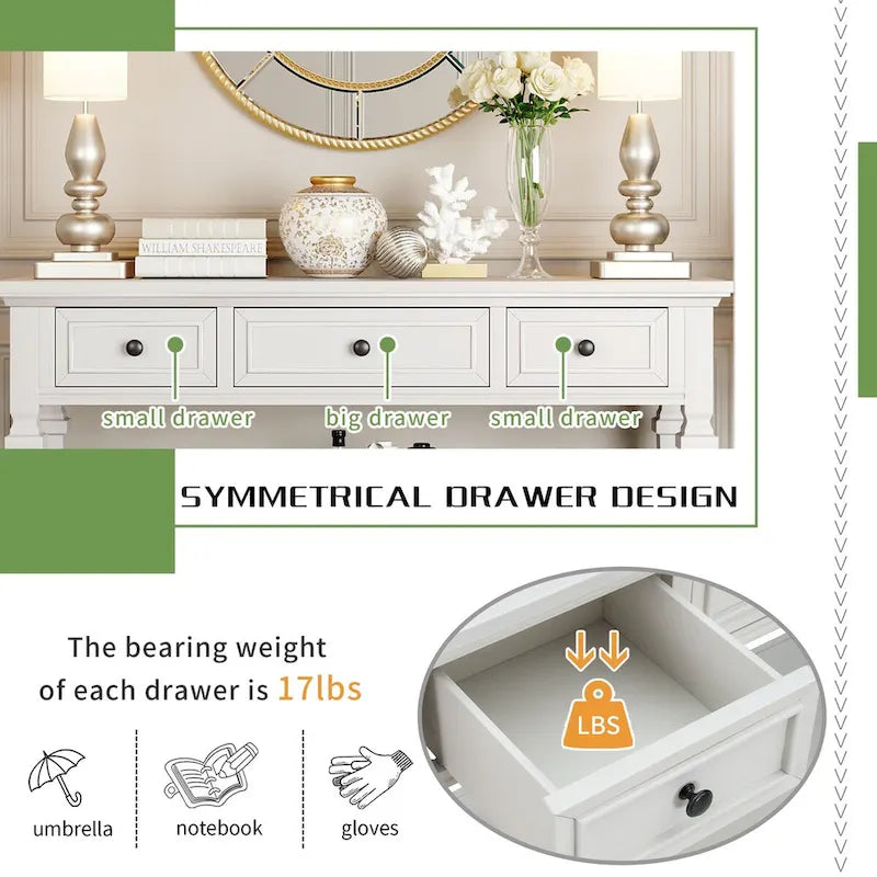 50 Farmhouse 50 Inch Classic Retro Console Three Top Drawers and Open Style Bottom Shelf, Sofa Table with Solid Wooden Frame