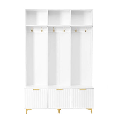 Storage Hall Tree with Bench, Multi-functional Storage Bench with High Gloss Fluted Doors, Coat Rack with 6 Hooks and Legs